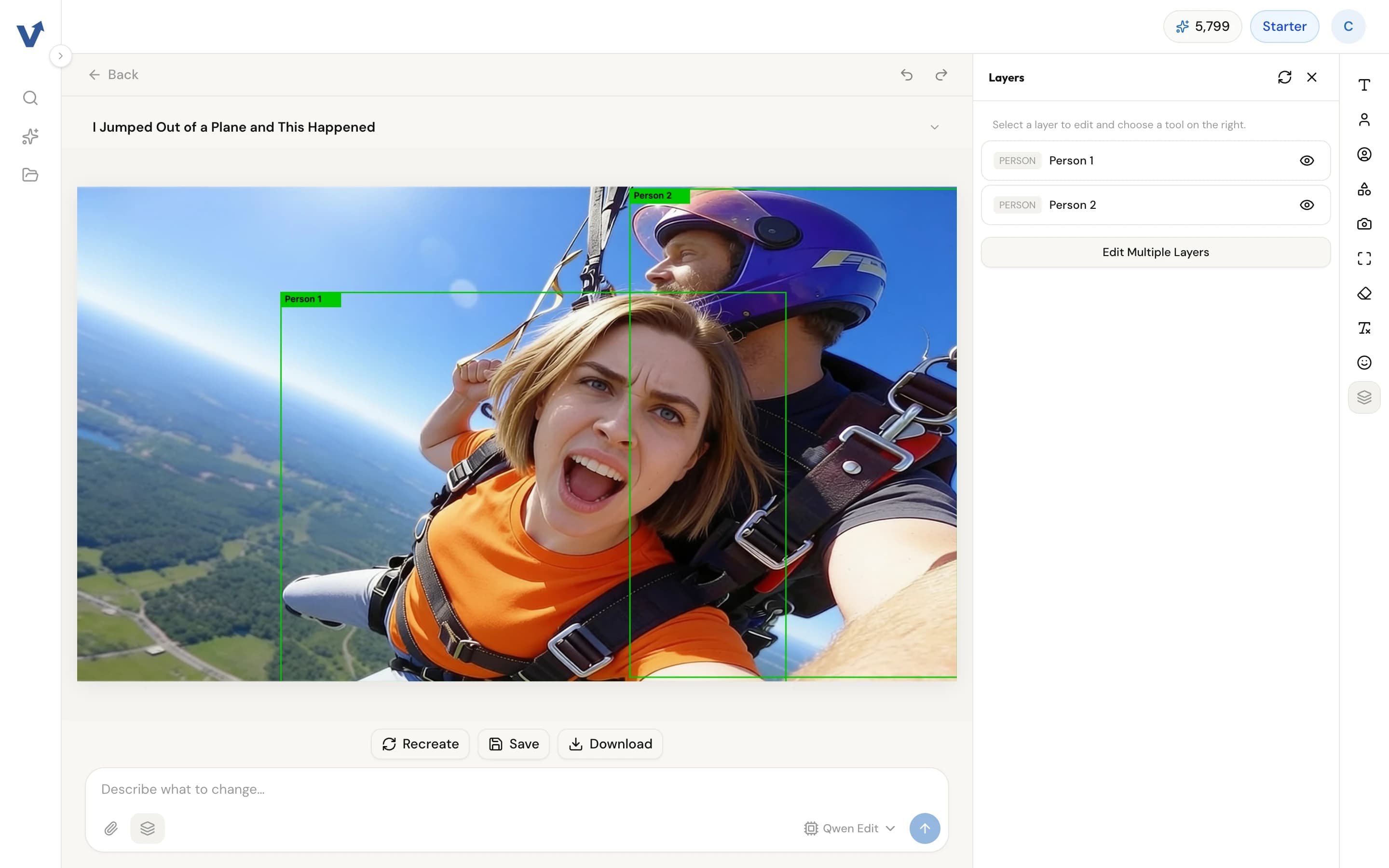 The editor canvas with two detected people boxed and labelled, and the Layers panel listing both