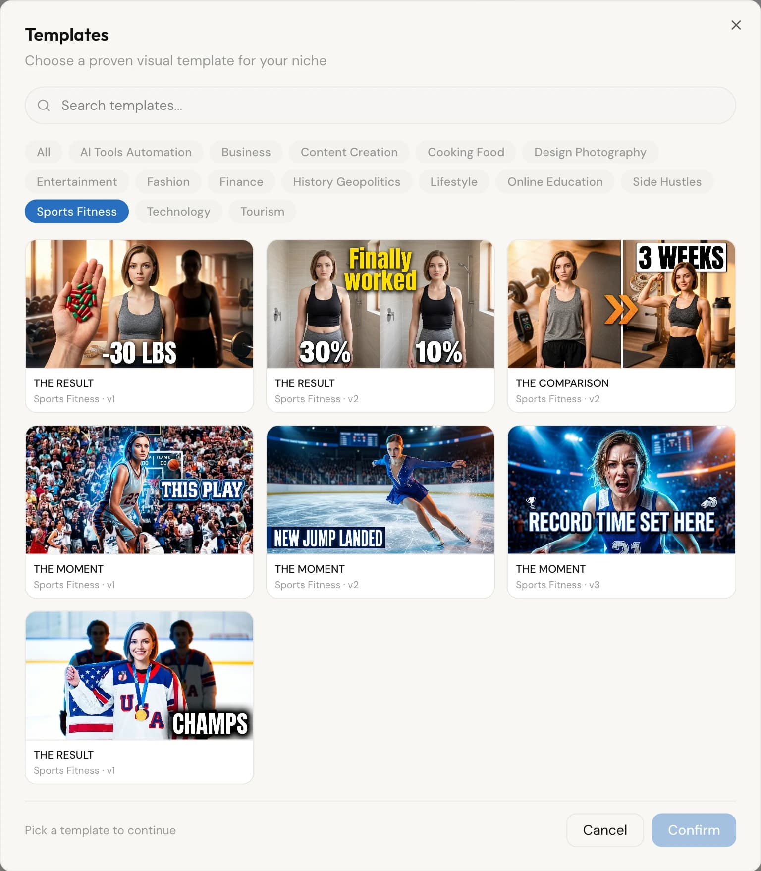 Vwrap's template picker with fifteen niche pills and a grid of Sports Fitness archetype cards