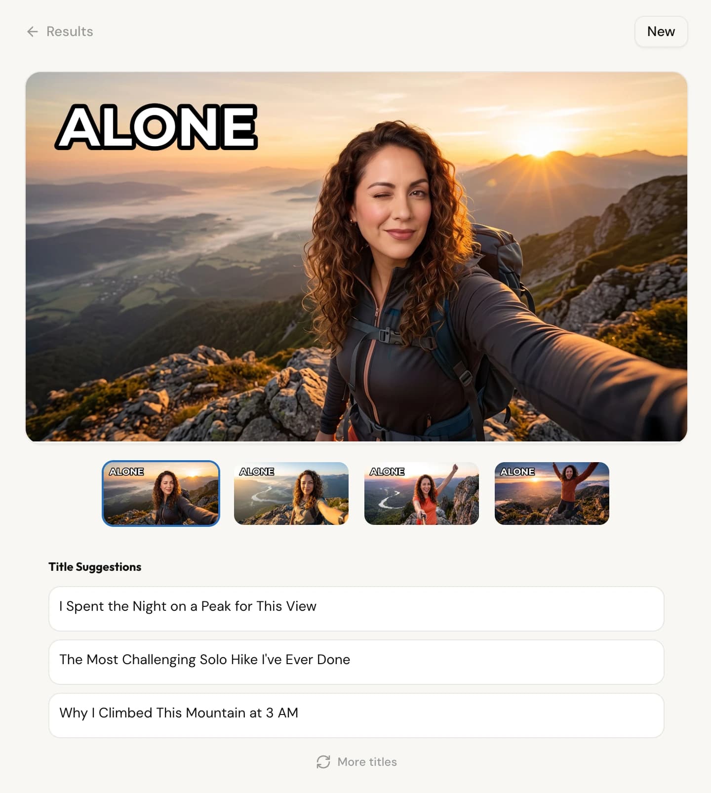 Four generated variants of the same uploaded person on a mountain summit at sunrise, with suggested titles