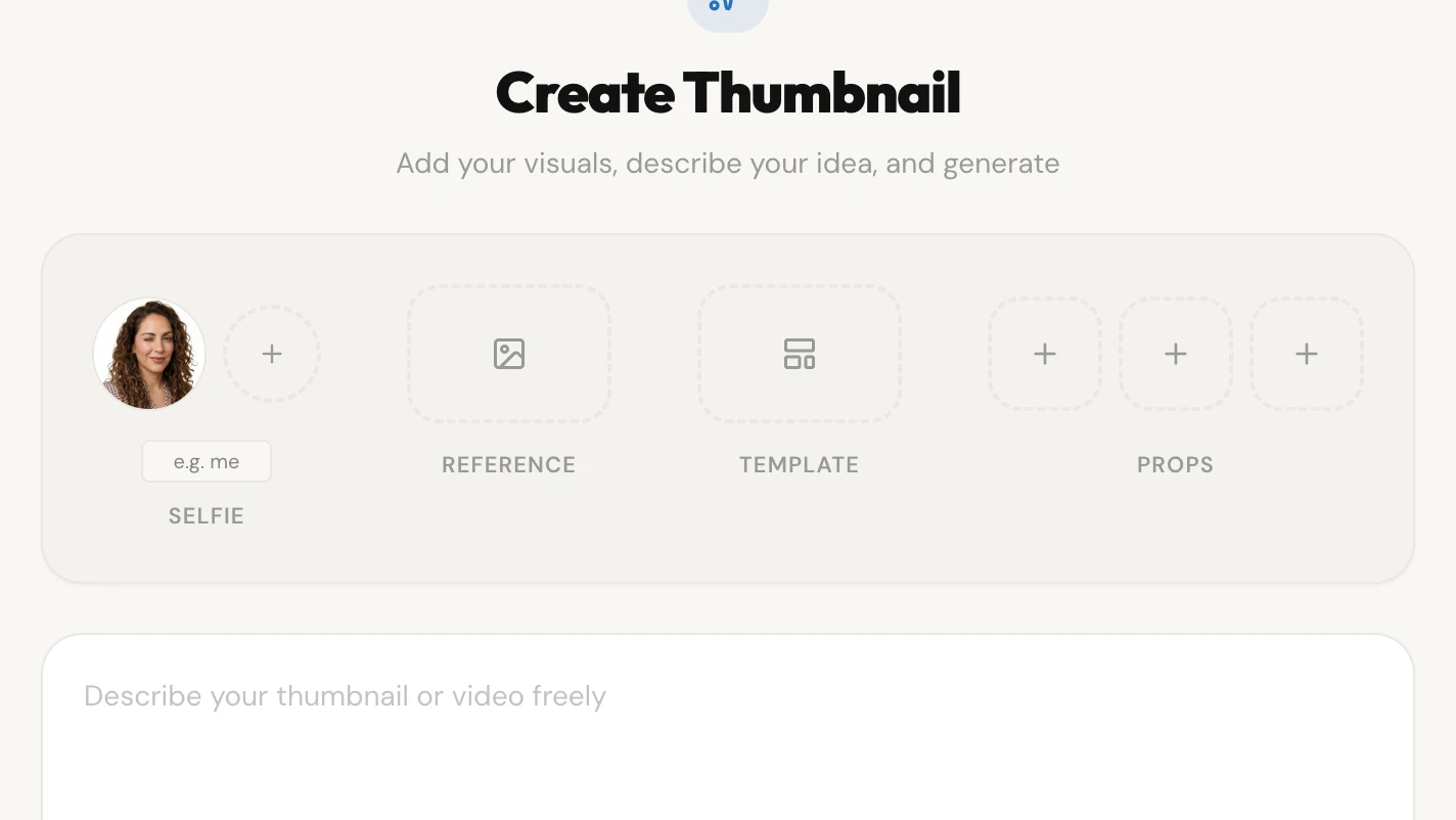 The create page's Selfie slot holding a cropped photo, with Reference, Template and Props still empty