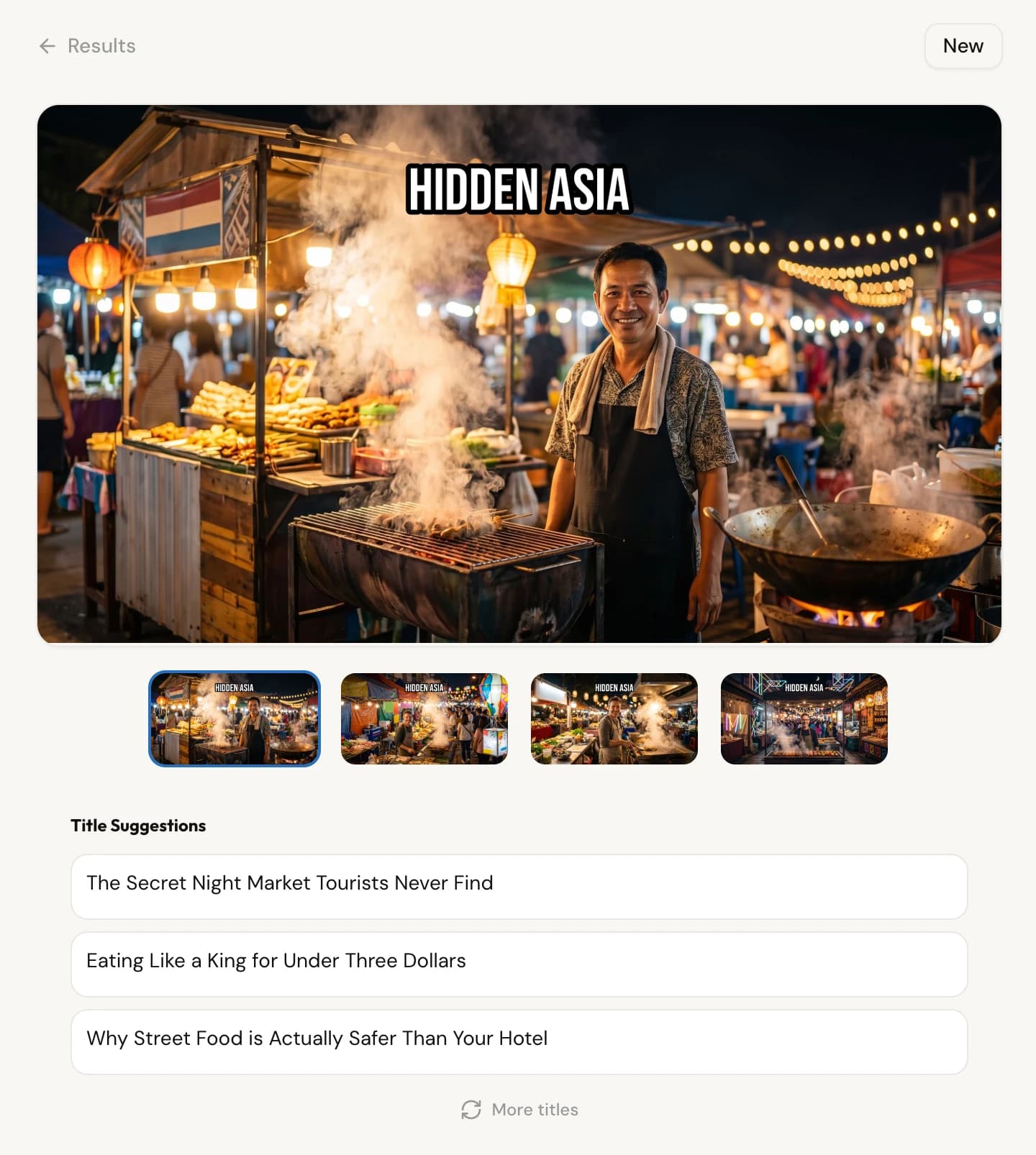 A four-variant night-market result set headlined HIDDEN ASIA, with three suggested video titles under the filmstrip